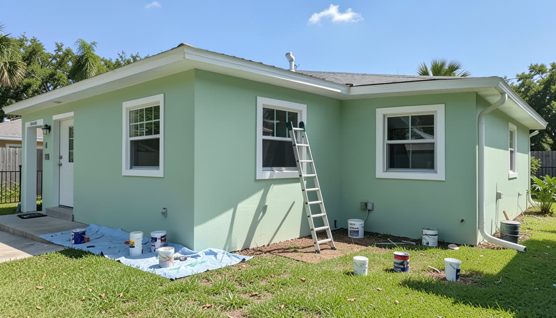 Florida home exterior freshly painted soft green with white trim