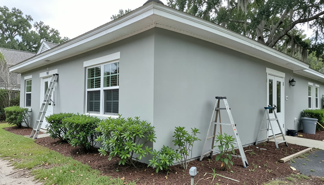 Florida house with fresh exterior paint and ladders