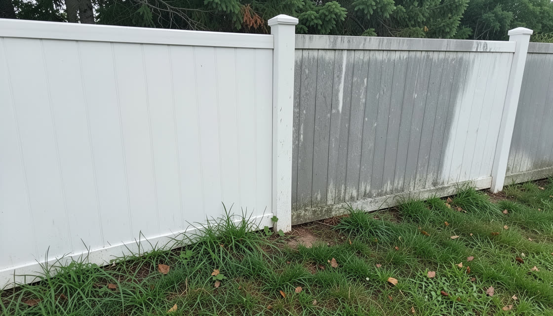 Vinyl fence half cleaned by pressure washing