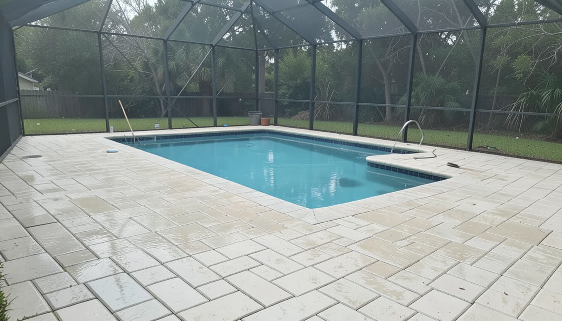 Freshly pressure washed pool deck pavers