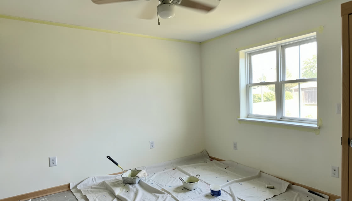 Interior room mid-repaint with roller and drop cloth