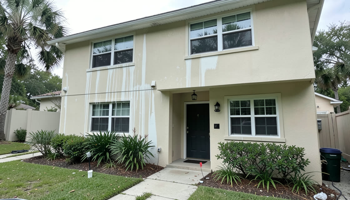 Florida home exterior being soft-washed with detergent