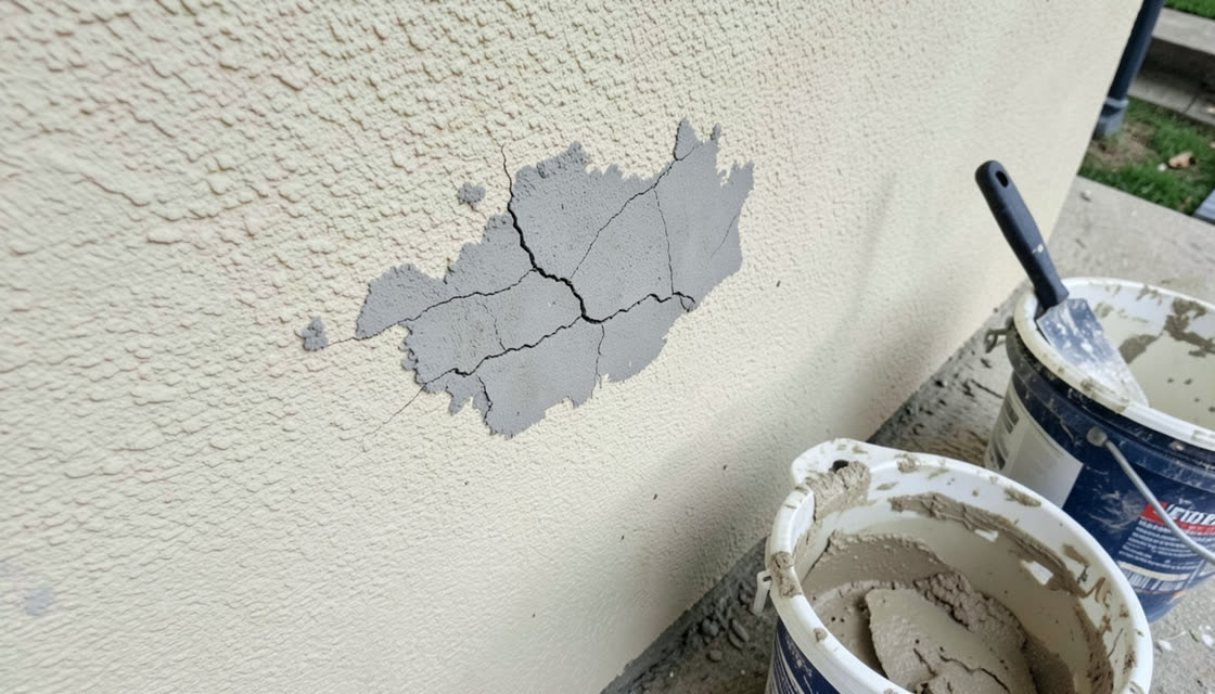 Fresh stucco patch repair on an exterior wall